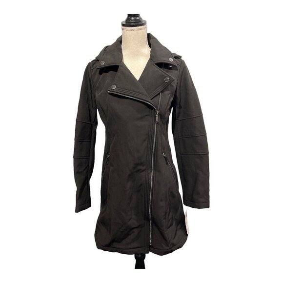 BCBG Max Azria S Black Jacket Coat Waterproof Hooded Fleece Lined Mid Length Zip - Picture 1 of 11